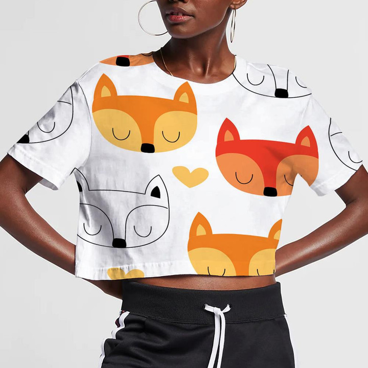 Sketch Lovely Face Of Cartoon Fox And Hearts Pattern 3D Women's Crop Top