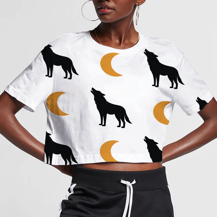 Simple Background With A Wolf And Moon 3D Women's Crop Top