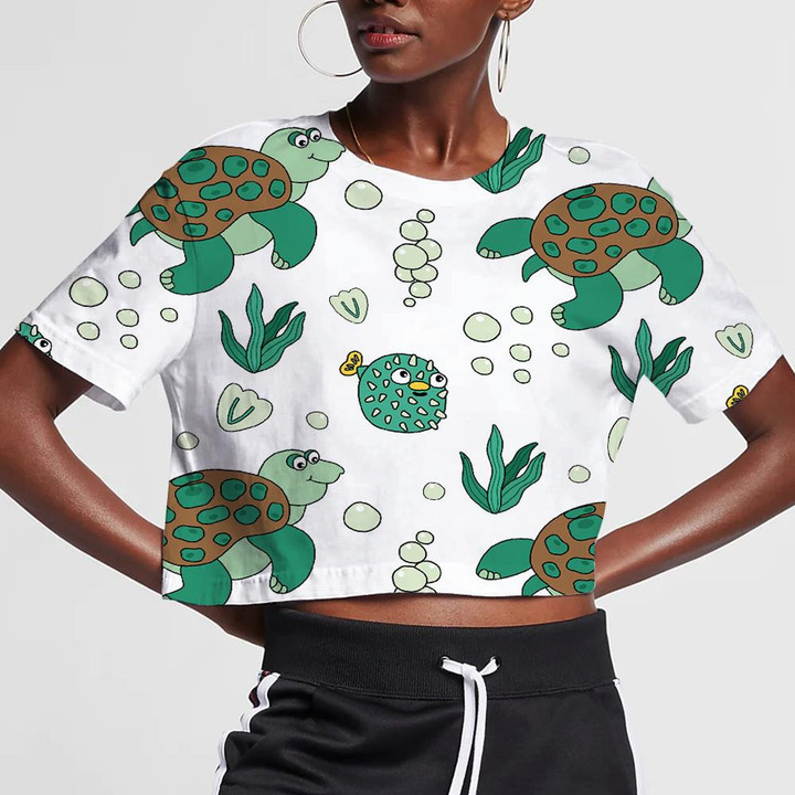 Sea Turtle And Puffer Fish Green Shades Of Color 3D Women's Crop Top