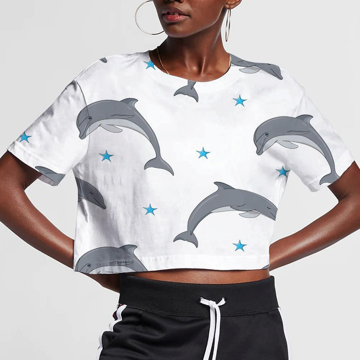 Sea Fishes Themed Pattern With Diving Dolphins On White Background 3D Women's Crop Top