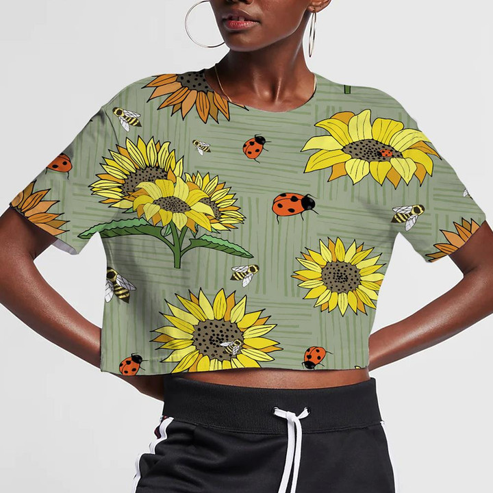 Sage Green With Sunflowers Bees And Lady Beetles 3D Women's Crop Top