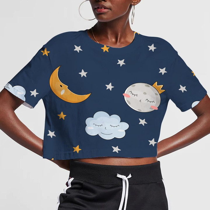 Sad Moon With Sleeping Cloud And Planet 3D Women's Crop Top
