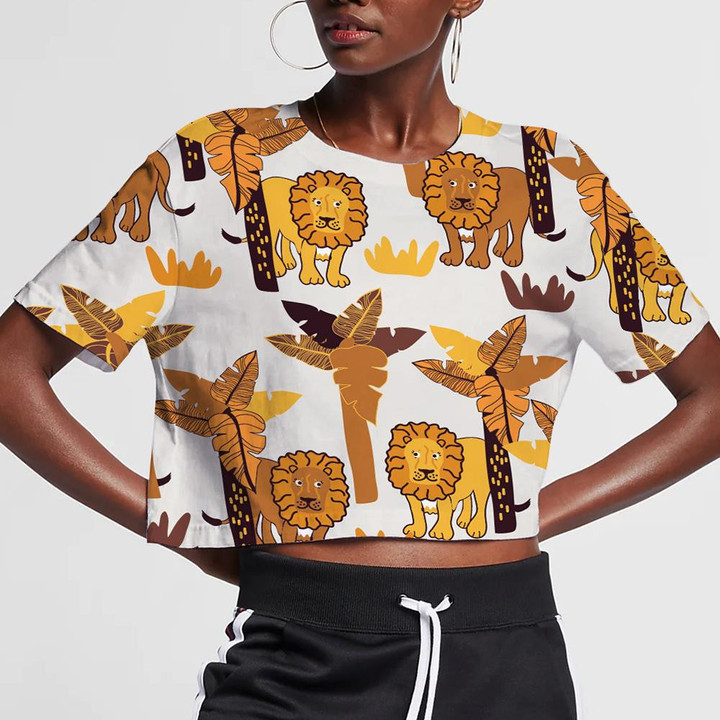 Sad Lion With Yellow Palm Tree And Grass 3D Women's Crop Top
