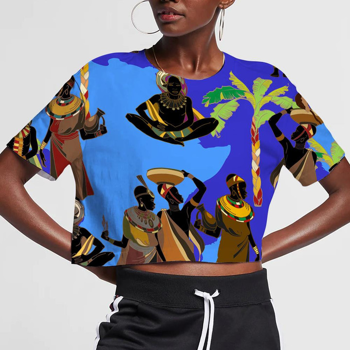 Rural Life Style People Of South Africa On Dark Blue Background 3D Women's Crop Top