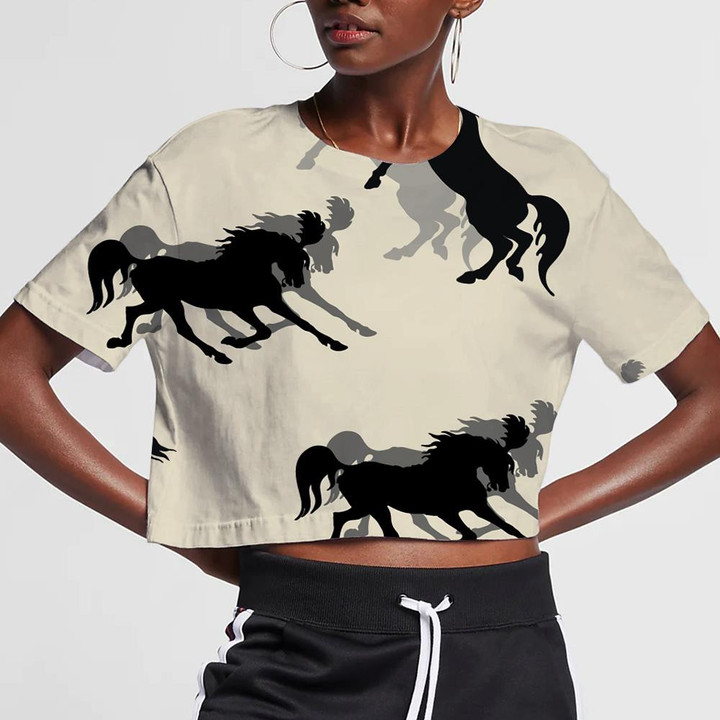 Running And Galloping Dark Black Horses 3D Women's Crop Top
