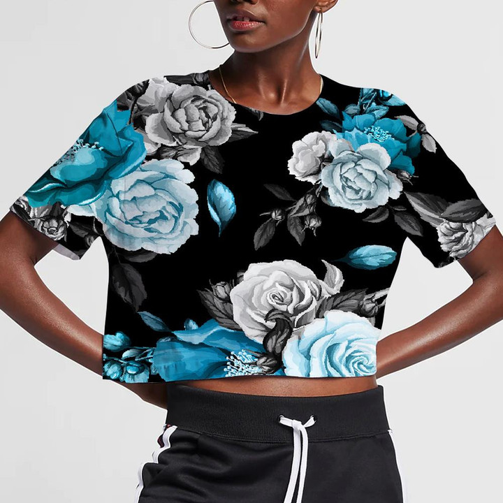 Rose Poppy Pomegranate Flowers Black And Blue Pattern 3D Women's Crop Top