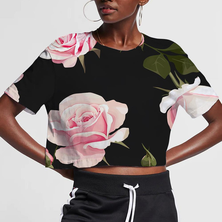 Rose Bouquet Soft Pale Pink Flower On Black Design 3D Women's Crop Top