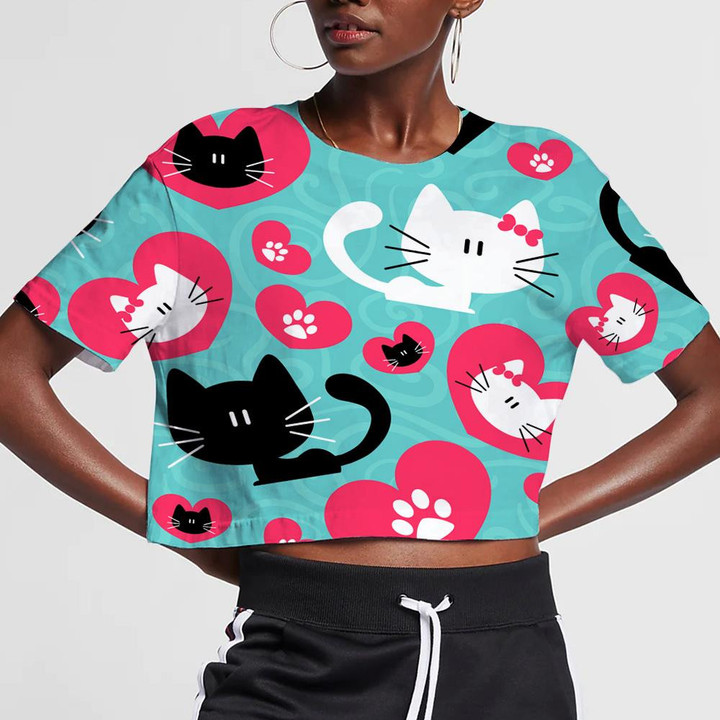 Romantic Cute Couple Of Cats And Heart 3D Women's Crop Top