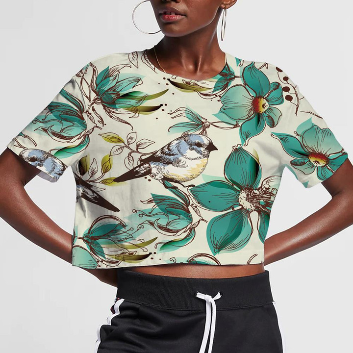 Retro Style Pattern With Cute Flowers And Bird Hand Drawn 3D Women's Crop Top