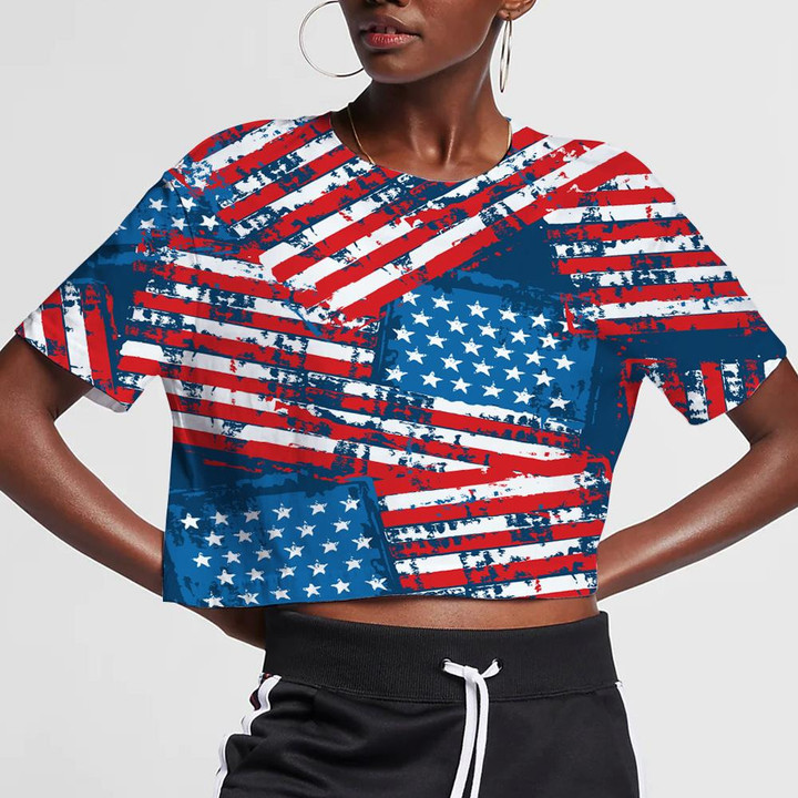 Retro Painted American Flags Navy Background Pattern 3D Women's Crop Top