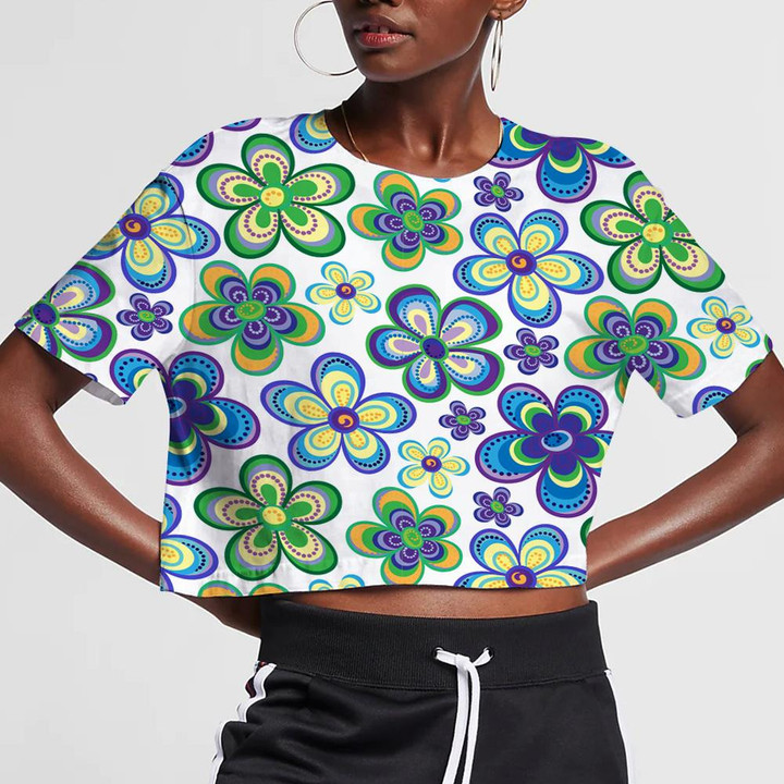 Retro Green And Blue Flowers Hippie Pattern On White Background 3D Women's Crop Top