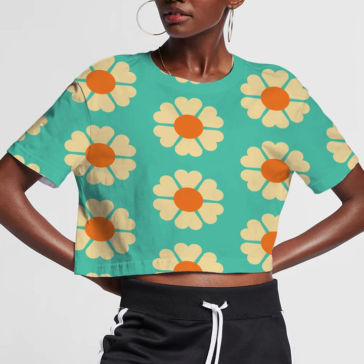 Retro Aesthetic Style Pattern With Flowers On Tuquoise Background 3D Women's Crop Top