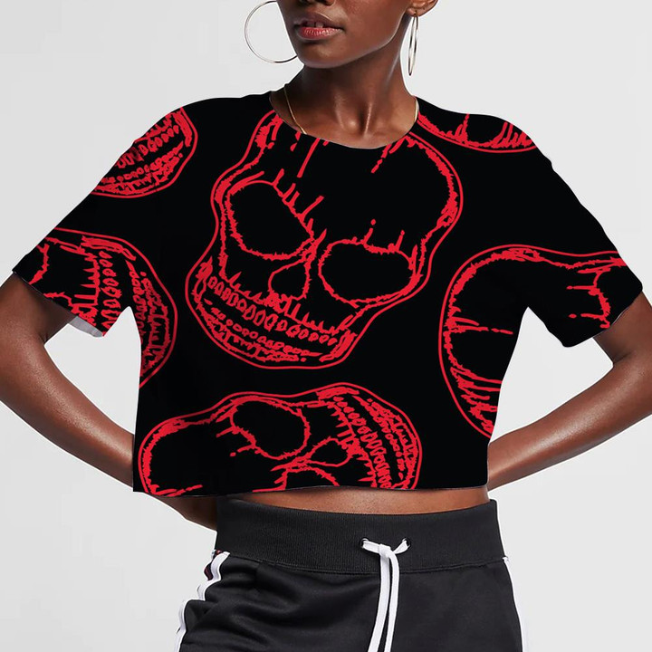 Red Outline Human Skull On Black Background 3D Women's Crop Top