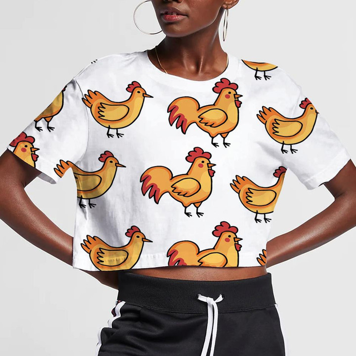 Red And Orange Chicken Rooster And Hen 3D Women's Crop Top