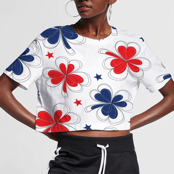 Red And Blue Flowers And Stars American Independence Day 3D Women's Crop Top
