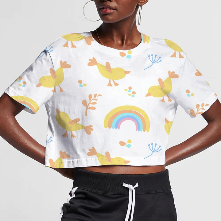 Rainbow Flowers Leaves And Cute Chicken 3D Women's Crop Top