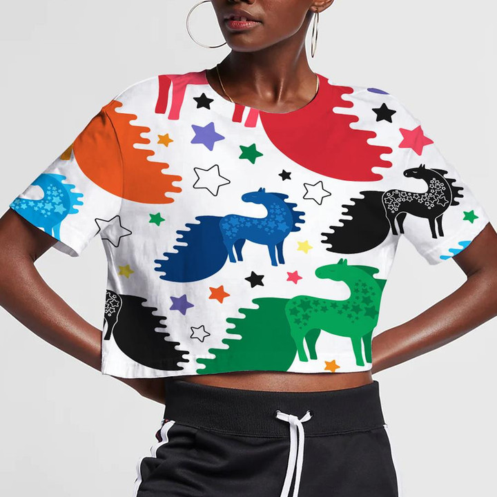 Rainbow Colors And Black Horses With Asymmetric Disproportion Tales 3D Women's Crop Top