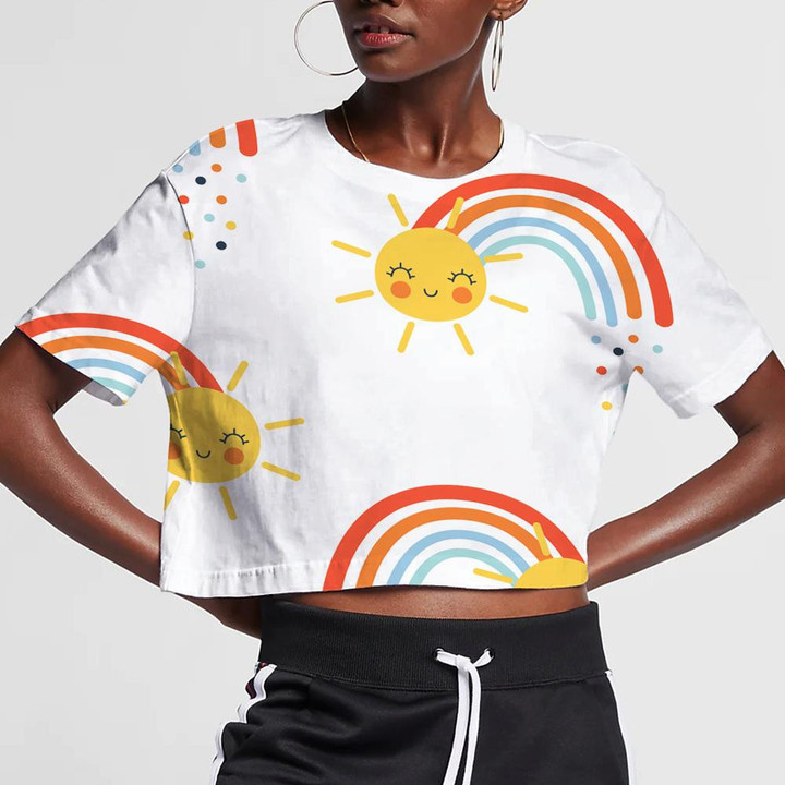 Rainbow And Cute Baby Sun On White Background 3D Women's Crop Top