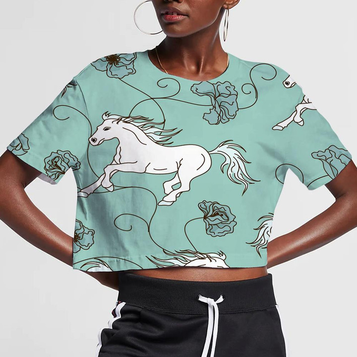 Racing White Horses And Line Flowers 3D Women's Crop Top
