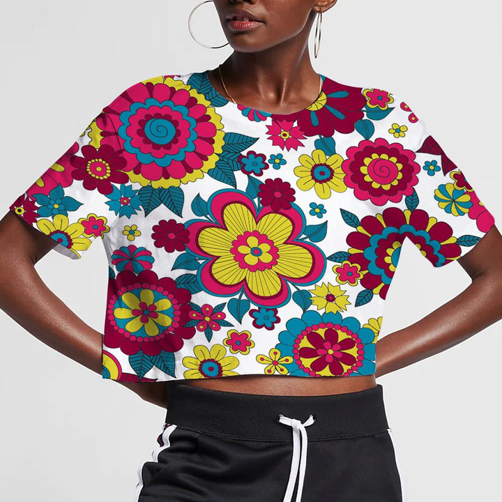 Psychedelic Hippie Background With Flowers On White Design 3D Women's Crop Top