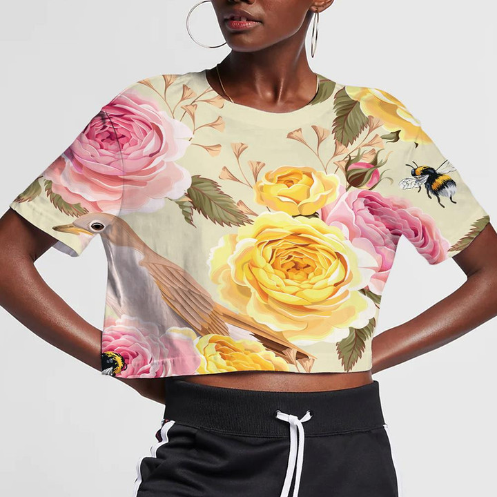 Pretty English Roses In Pink And Yellow With Bird Pattern 3D Women's Crop Top