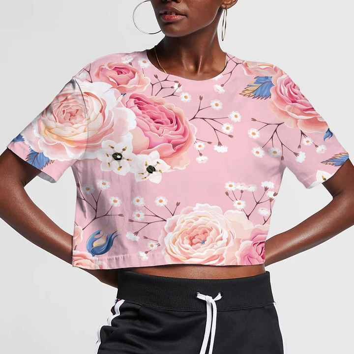 Pink Theme English Rose With Little White Flower Pattern 3D Women's Crop Top