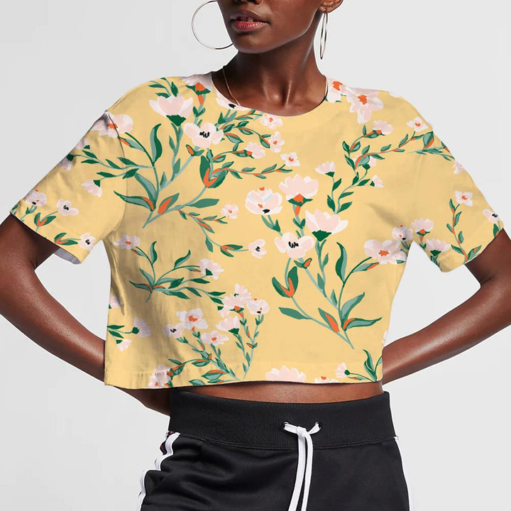 Pink Flowers Intertwined Pattern On Gentle Yellow Background Design 3D Women's Crop Top