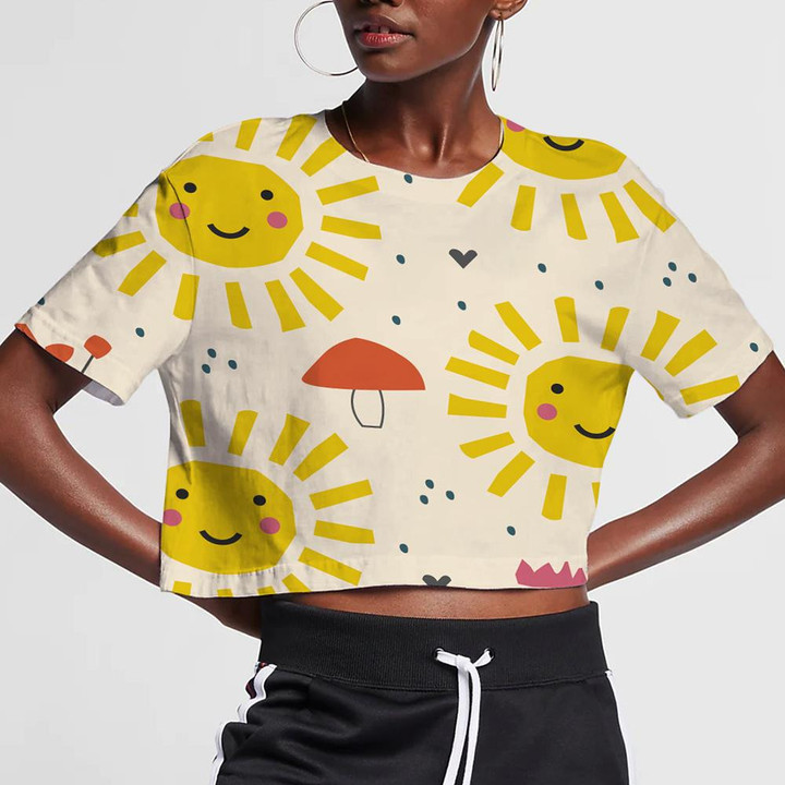 Funny Sun With Pink Cheeks And Plants 3D Women's Crop Top