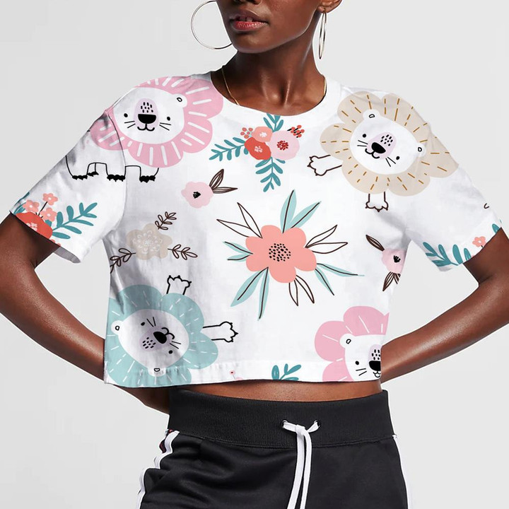 Funny Lions And Floral Elements 3D Women's Crop Top