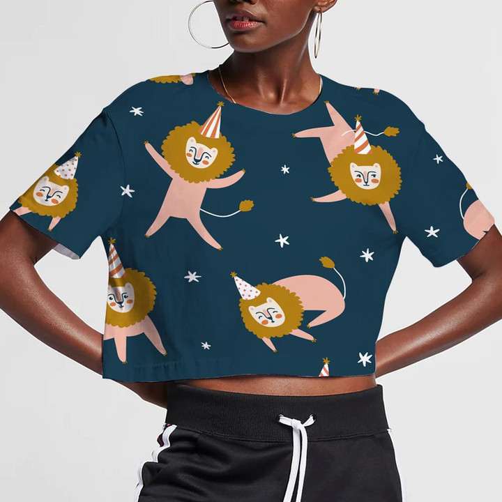 Funny Lion With Birthday Hat In Different Poses 3D Women's Crop Top