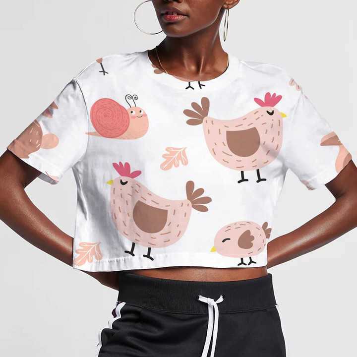 Funny Hen And Cute Chicken With Snail Leaves 1 3D Women's Crop Top