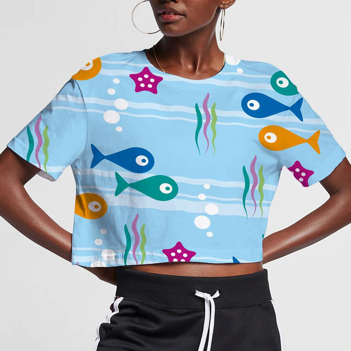 Funny Fishes Starfishes And Coral In The Light Blue Sea Design 3D Women's Crop Top