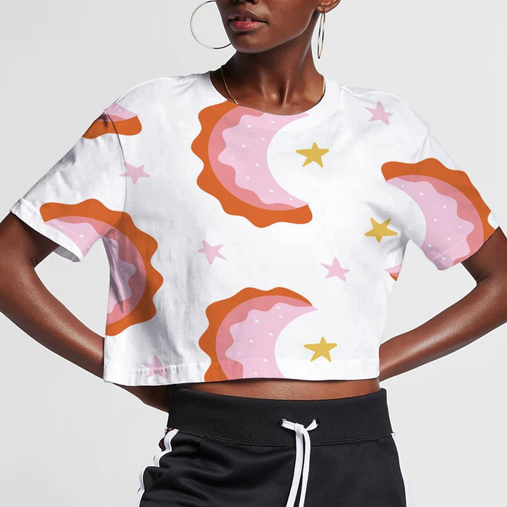 Funny Colorful Moon And Star On White Background 3D Women's Crop Top