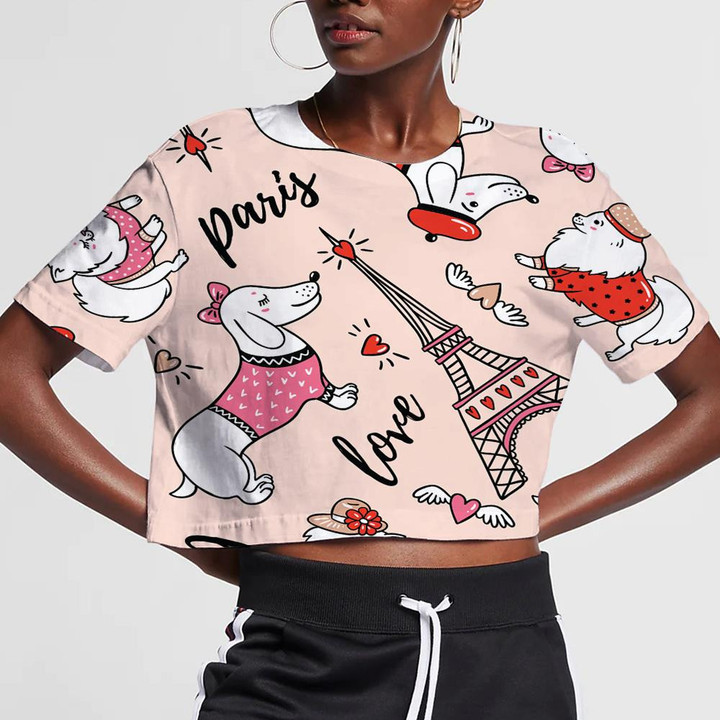 French Style Dog On Pink Background 3D Women's Crop Top
