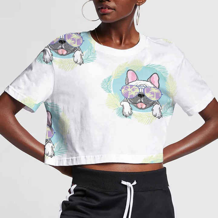 French Bulldog Heart Sunglasses And Palm Leaves 3D Women's Crop Top