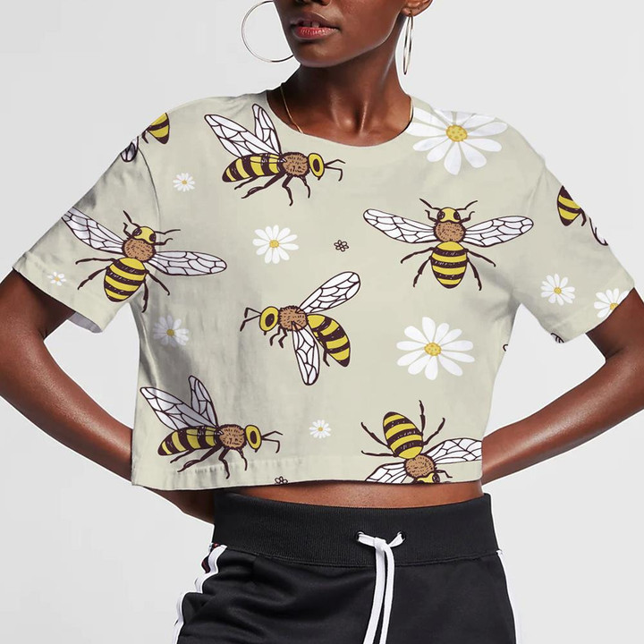 Flying Cartoon Bees And Flowers On Grey 3D Women's Crop Top