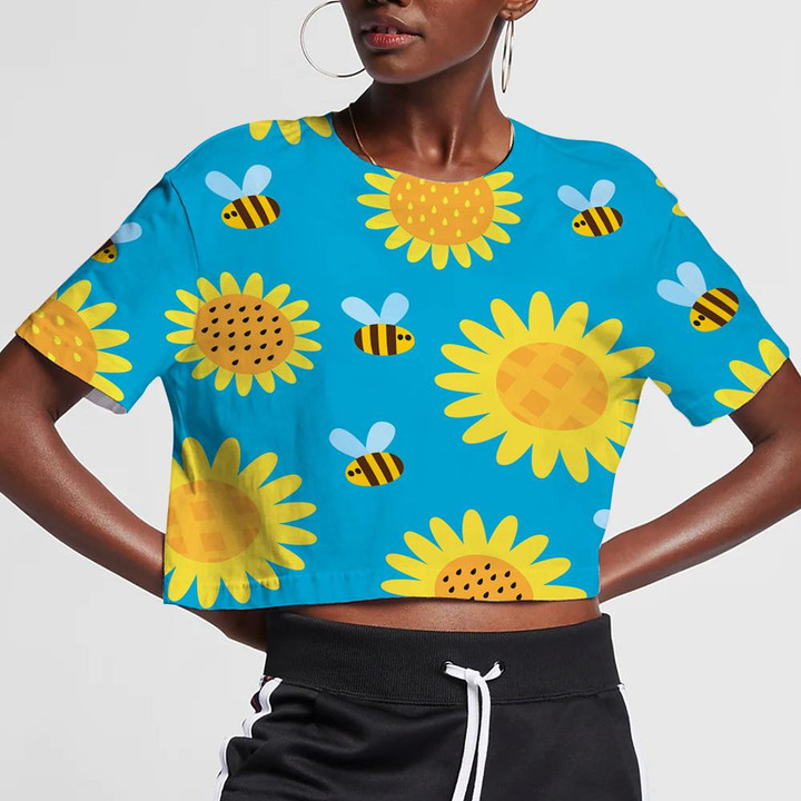 Flying Cartoon Bees And Flowers On Blue 3D Women's Crop Top