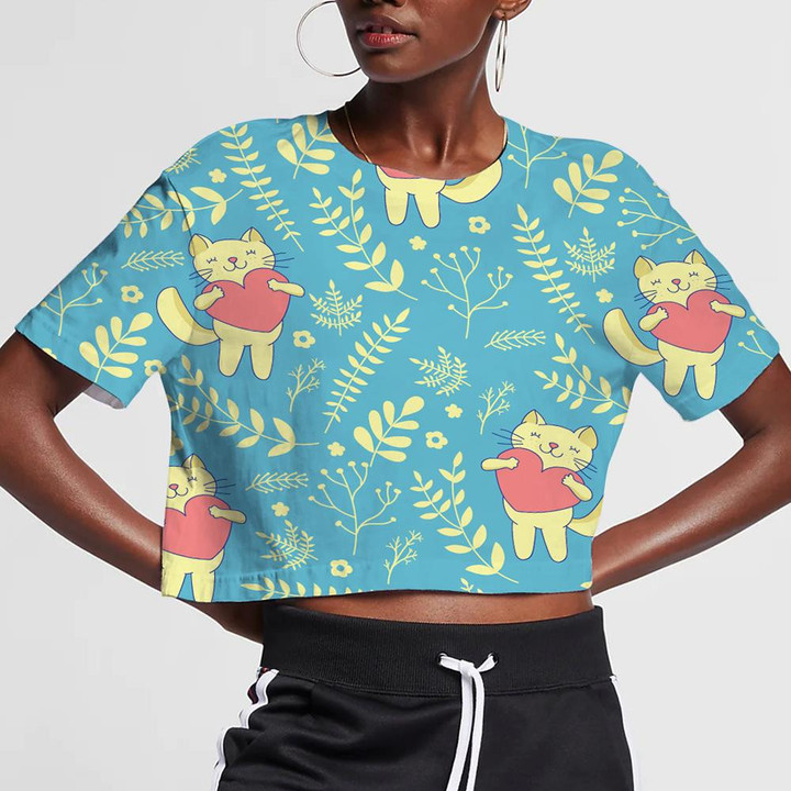 Floral With Cats And Heart In Hand 3D Women's Crop Top