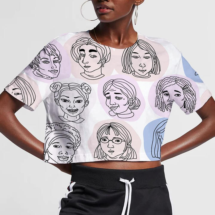 Female Of Different Nationalities And Ages In A Cartoon Style 3D Women's Crop Top