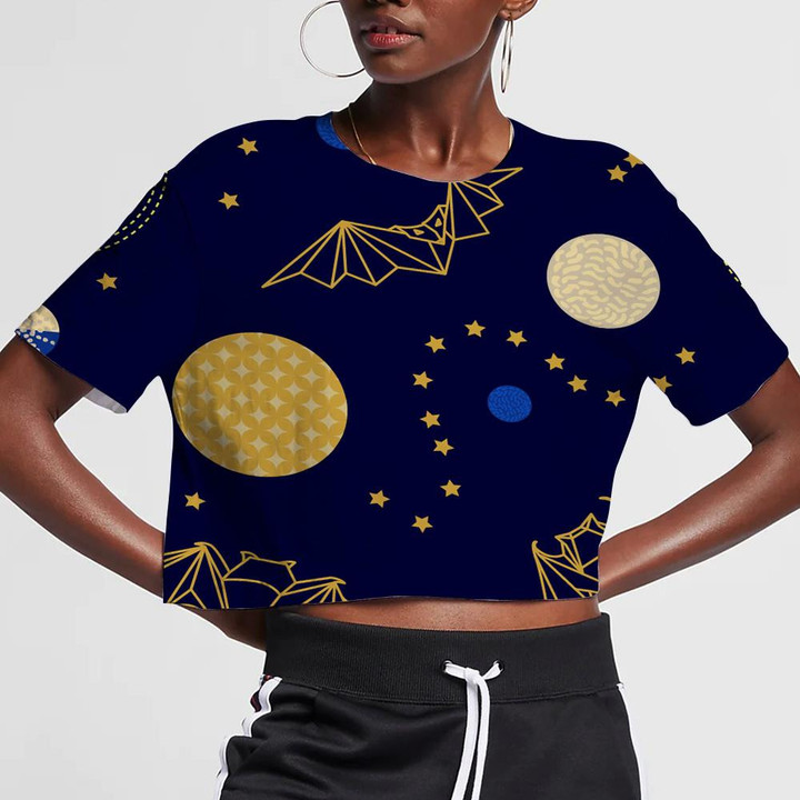 Fantasy Origami Bat With Moon And Star In The Dark Sky 3D Women's Crop Top