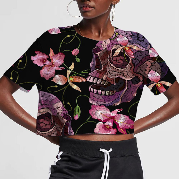 Embroidery Human Skull And Pink Orchid Flowers 3D Women's Crop Top