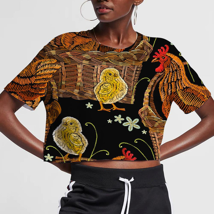 Embroidery Hen And Chickens In Aa Basket 3D Women's Crop Top