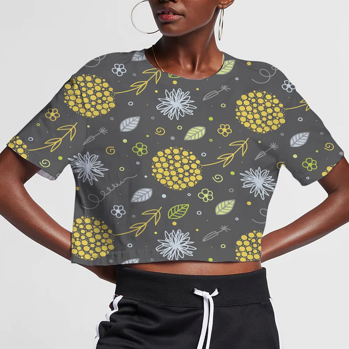 Doodle Style Pattern With Flowers And Leaves In White And Yellow 3D Women's Crop Top