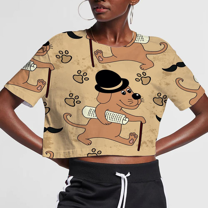 Dog In A Hat With A Newspaper Background With Love 3D Women's Crop Top