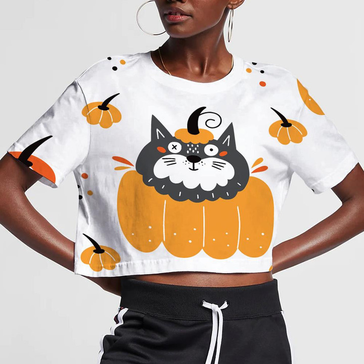 Day Of The Dead With Spooky Black Cat And Pumpkin 3D Women's Crop Top