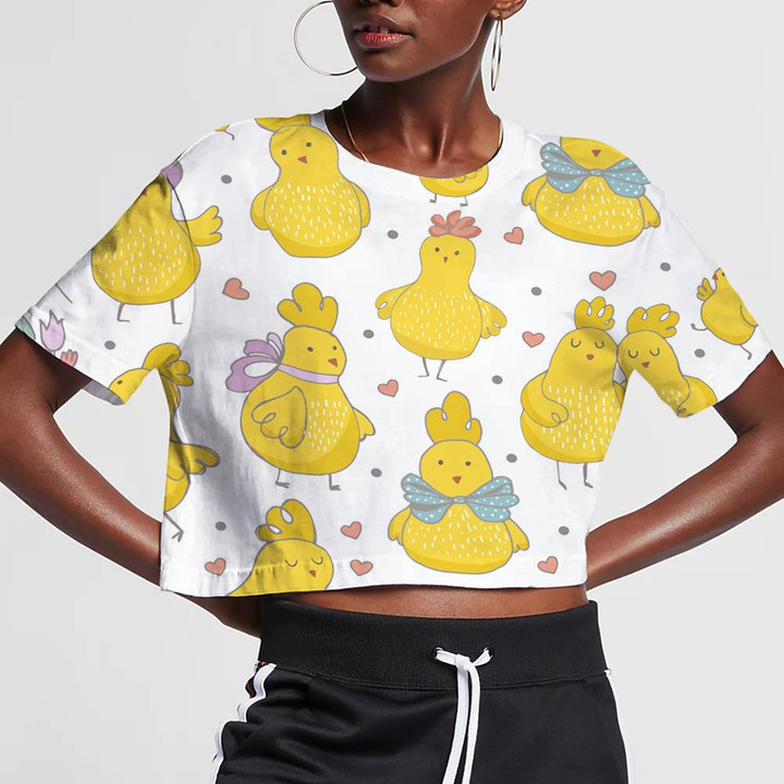 Cute Yellow Chicken With Bow Tie Flower And Cup 3D Women's Crop Top