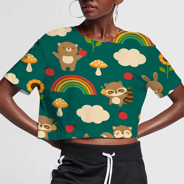 Cute Woodland Animals With Rainbow Sunflowers Mushroom And Clouds 3D Women's Crop Top