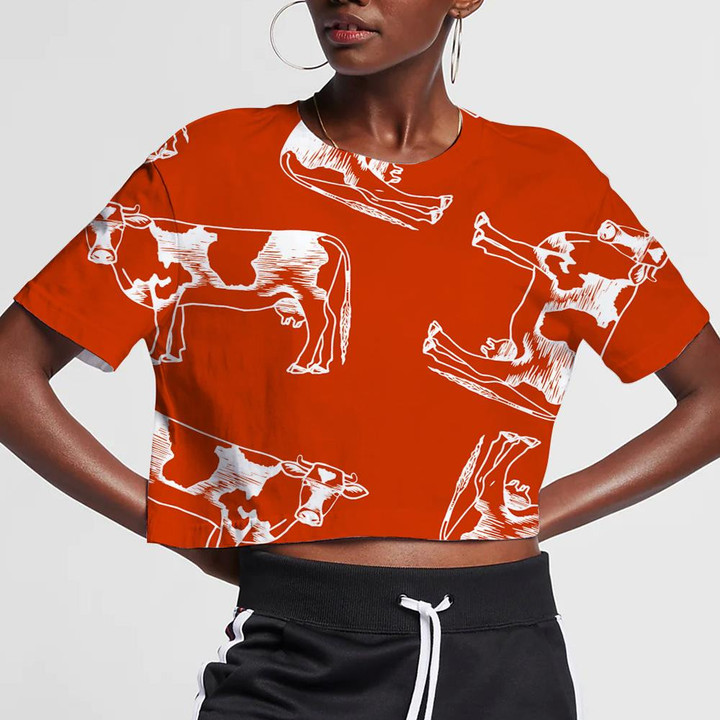 Cute White Cows And Orange Background 3D Women's Crop Top