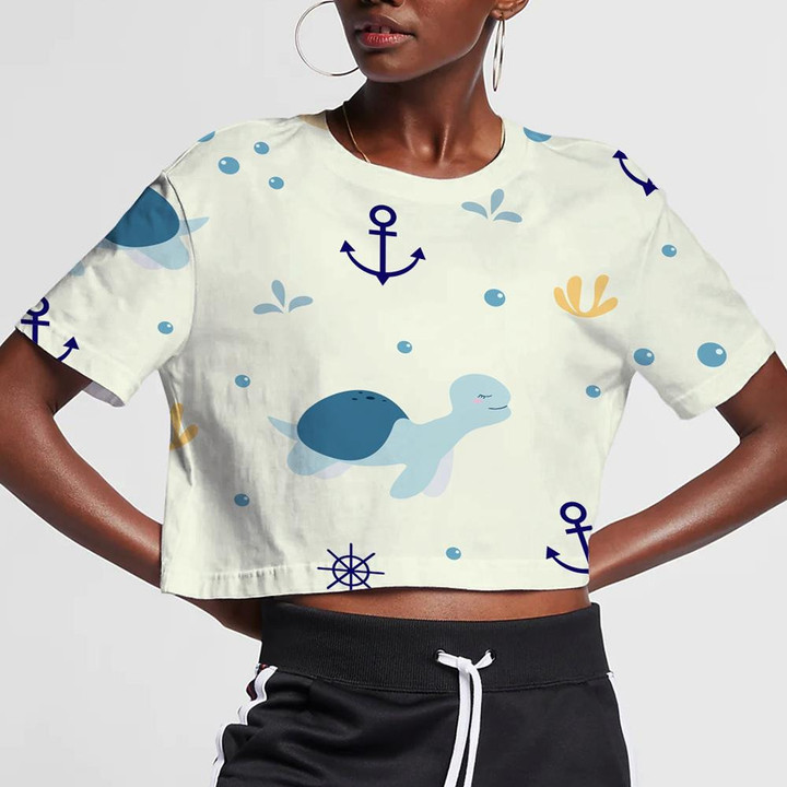 Cute Turtle And Whale With Anchor 3D Women's Crop Top