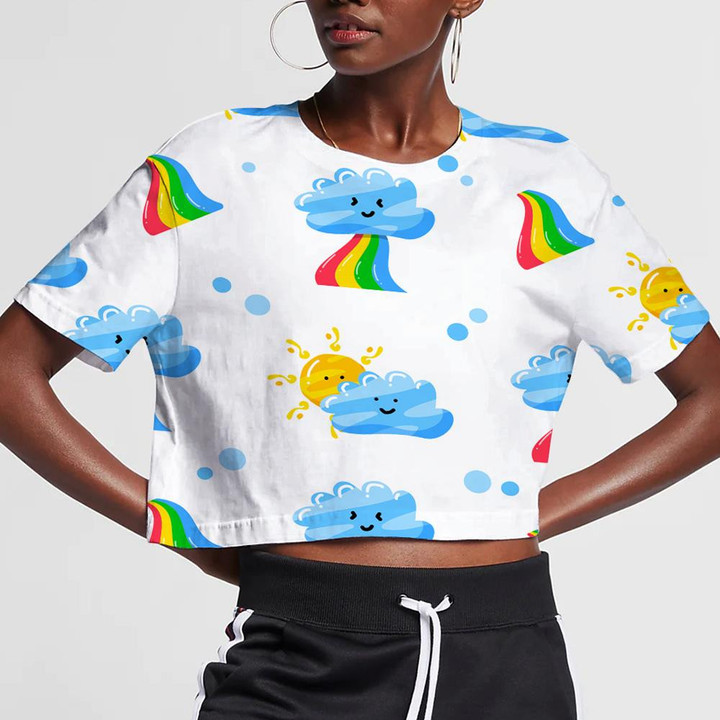 Cute Sun With Funny Blue Cloud And Rainbow 3D Women's Crop Top